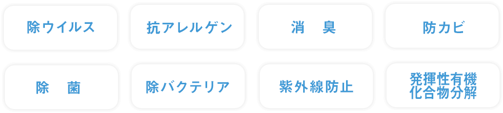 除ウイルス・抗アレルゲン・消臭・防カビ・除菌・除バクテリア・紫外線防止・発揮性有機化合物分解